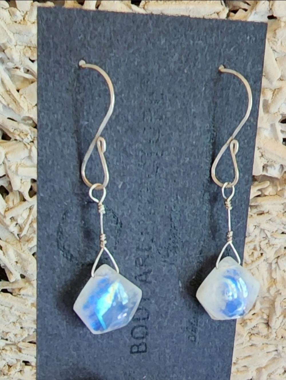 Earrings moonstone sterling silver smooth pentagon rainbow fire unique cabochon